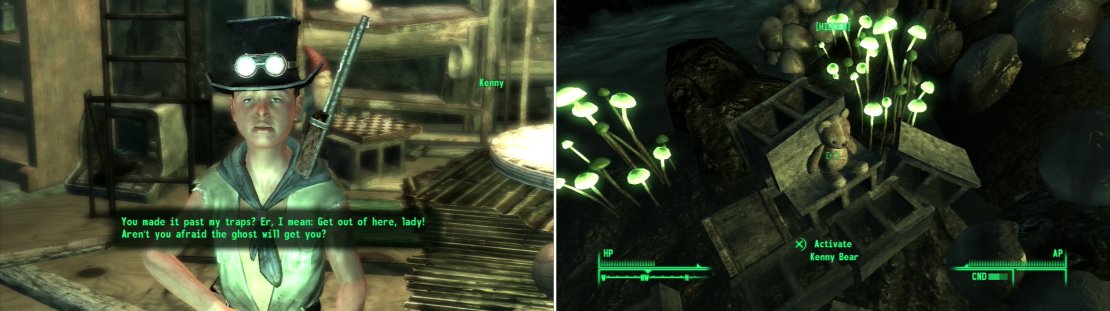 Make it through the traps to reach Kenny (left) who will tolerate your presence. If you go the extra mile and recover his &ldquo;Kenny Bear&rdquo; he&rsquo;ll let you use this place as a hideout (right).