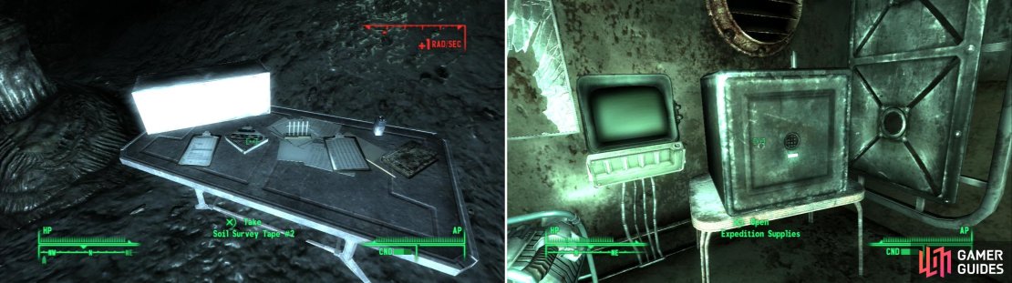 Explore underground to obtain the Soil Survey Tapes (left) then visit the USS Ozymandias, where you can score some long-abandoned &ldquo;Expedition Supplies&rdquo; (right).