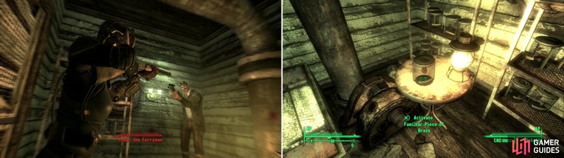Confront Tobar on his ferry and give him a piece of your mind&hellip; (left) Despite what the Tribals said, it seems that your mind was anything but &ldquo;expanded&rdquo; (right).