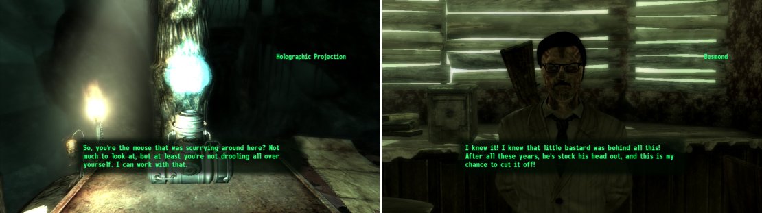 In the sea cave you&rsquo;ll find a holographic projection (left) which commands the addled Tribals. Desmond will identify the source of the project as his arch-rival Calvert (right).