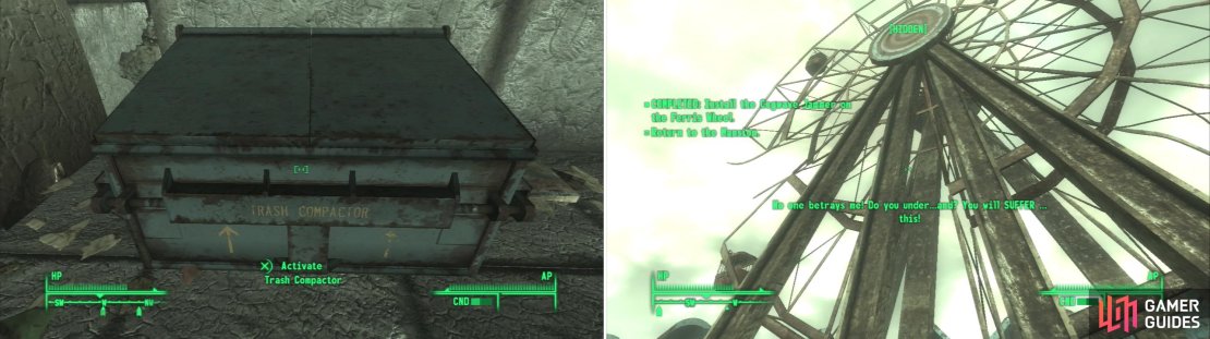 Either toss Desmond&rsquo;s Cogwaver Jammer in the trash compactor to side with Calvert (left) or attach it to ferris wheel to disrupt Calvert&rsquo;s control over the Tribals (right).