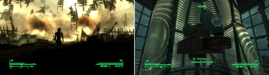 The Desmond-Calvert feud intensifies explosively (left). On your way to Calvert&rsquo;s hideout, be a good samaritan and replace the Lighthouse Bulb (right).