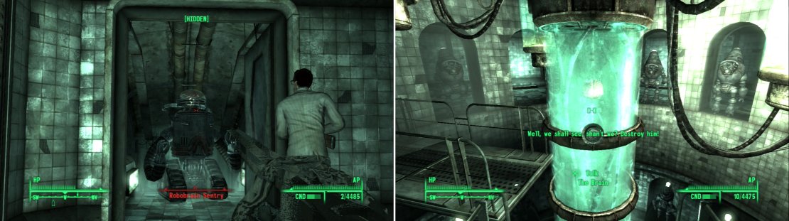 Calvert&rsquo;s underground laboratory is infested with high-powered robots and turrets (left). Make your way to the depths to come face-to-brain with Calvert (right).