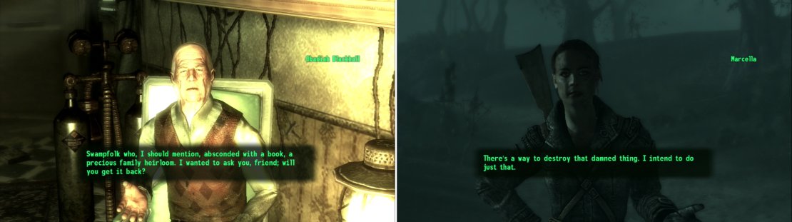 Odadiah wants you to retrieve a book-a harmless family heirloom, you see (left) while Marcella wants the book to settle a pissing contest between her book and Obadiah&rsquo;s (right).