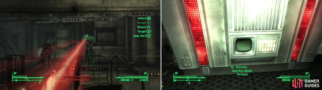 Fight your way through the Enclave defenders (left) and find the data you&rsquo;re looking for on the Satellite Uplink Terminal (right).