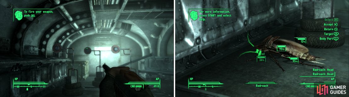 Target practice, both shooting from the hip (left) and in V.A.T.S. (right). You&rsquo;ll be doing both quite a bit.
