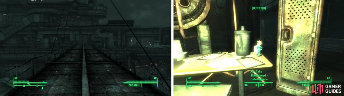After a harrowing* journey, you&rsquo;ll reach the ramp to Rivet City (right), where your glorious* prize, the Bobblehead - Intelligence (left), awaits.