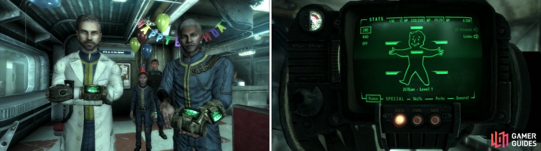 You are presented with the Pip-Boy 3000 (left), an indispensible tool that you&rsquo;ll be using quite a bit over the course of the game (right).