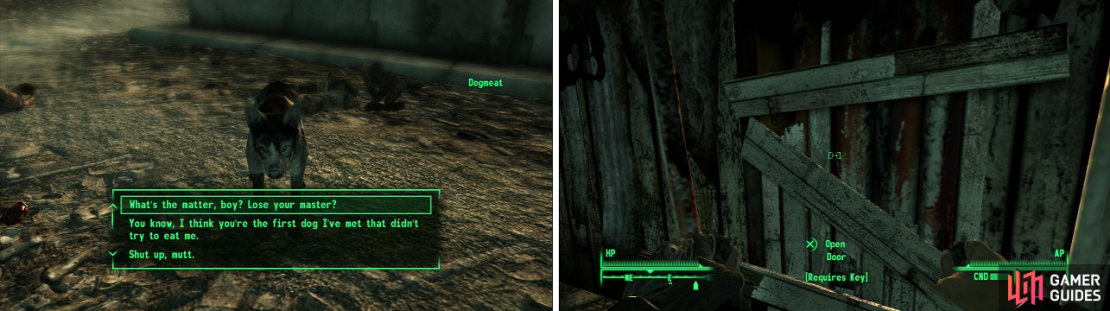 If you don&rsquo;t love Dogmeat (left) you&rsquo;re a bad person, and you should feel bad. You&rsquo;re not getting through this door (right) without the Contract Killer perk.