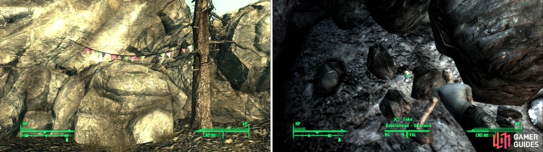 Rockopolis is well hidden, but if you follow my directions, you&rsquo;ll spot the party flags marking the entrance soon enough (left). Inside awaits the Bobblehead - Unarmed (right).