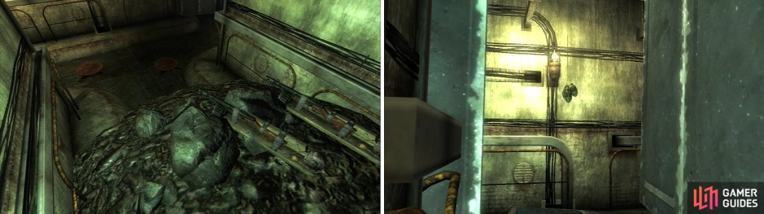 Pressure plates rigged to Combat Shotguns (left) are one of many traps you&rsquo;ll find here. Carefully move the metal barrel to find the grenade bouquet that awaits the unwary (right).