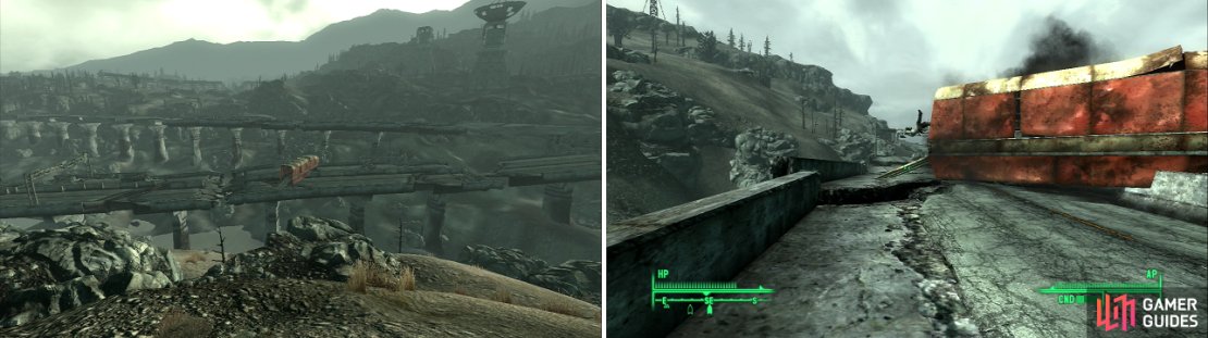 The colorful truck in the distance (left) is the abode of a scientist&hellip; a scientist who falls victim to his own ineptitude (left). He possesses a Big Book of Science , so be sure to track down his corpse.