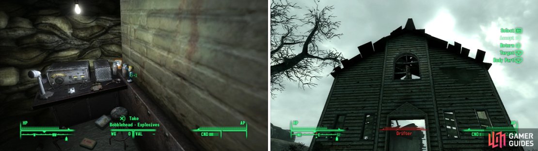 Follow Radio Signal Kilo Bravo to a drainage chamber, wherein you&rsquo;ll find the Bobblehead - Explosives (left). The Dickerson Tabernacle Chapel is home to a nasty Drifter (right), who will shoot trespassers with his unique Sniper Rifle; the Reservist&rsquo;s Rifle.