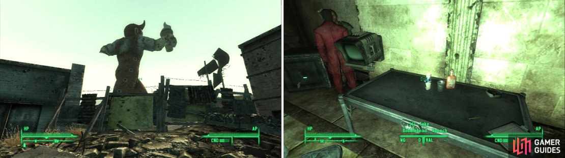 This iconic statue (left) is a convenient, if misleading landmark for Paradise Falls. In Eulogy&rsquo;s Pad you&rsquo;ll find the Bobblehead - Speech (right).
