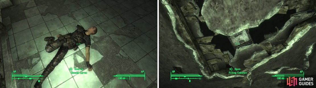 Even if he survives the journey, Ronald Laren won&rsquo;t make it out of the Nuka-Cola Plant alive (left). A Chinese Army: Spec. Ops. Training Manual can be found in this filing cabinet (right), peeking through a hole in the ceiling.