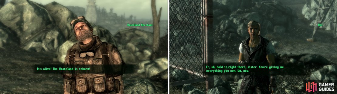 Has life returned to the Wasteland, or has this guy just been using too many chems (left)? Mel really just isn&rsquo;t a very good mugger (right).