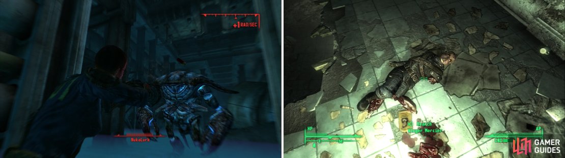 Considering what happens to Mirelurks who nest in Nuka-Cola contaminated waters (left), the stuff probably isn&rsquo;t safe to drink. Winger Mercier clearly failed in his mission (right).