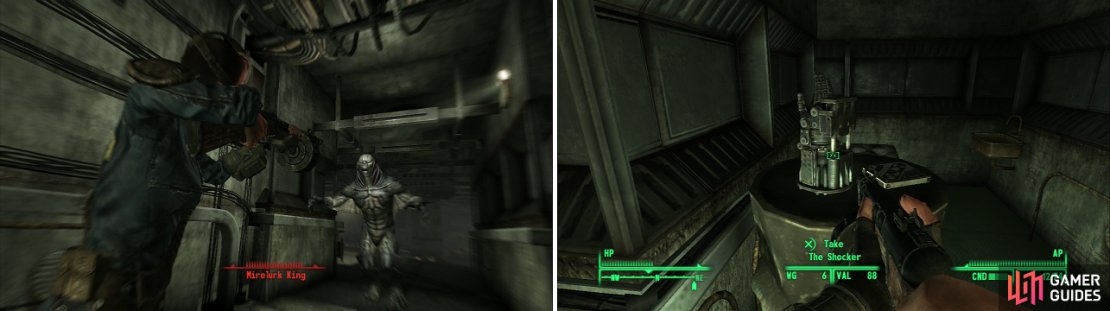 Mirelurks infest the Flooded Metro (left), but if you want to obtain The Shocker (right) you&rsquo;ll split a few shells.