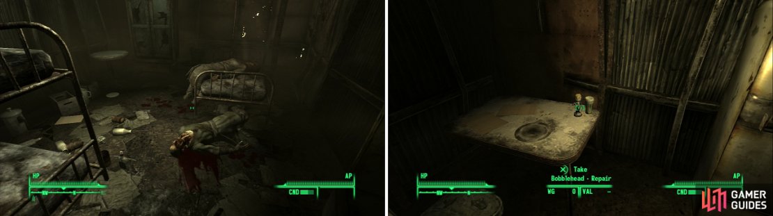 Not everbody survived The Family&rsquo;s attack on Arefu, it seems (left). Be sure to &ldquo;borrow&rdquo; the Bobblehead - Repair (right) from Evan King&rsquo;s house.