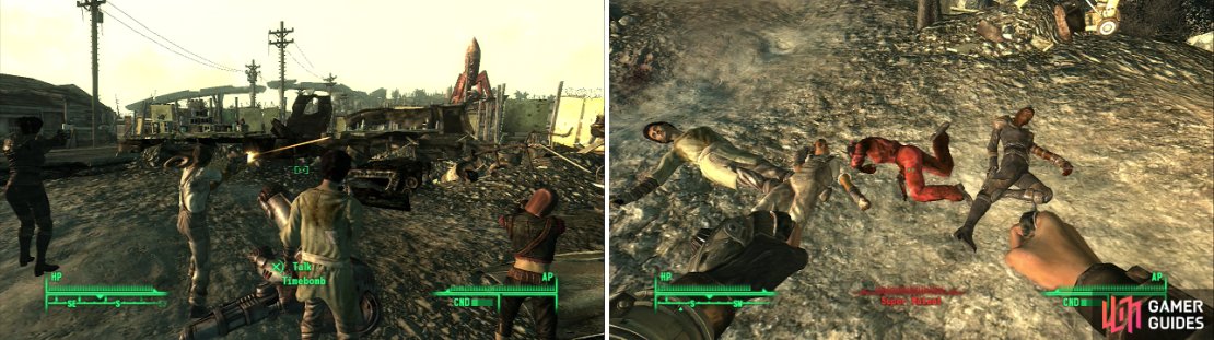 Give the kids at Big Town some training (left) so they can defend themselves. Despite your instruction, though, you&rsquo;ll need to do the heavy-lifting, as one errant Frag Grenade can seriously depopulate the town (right).