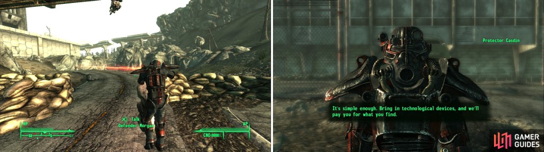 The Brotherhood Outcasts might not be the friendliest bunch (left) but are willing to buy scavanged technology from &ldquo;the local wildlife&rdquo; (right). Work for them long enough and you&rsquo;ll earn their trust.