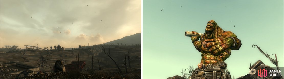 Vultures circling in the distance (left)&hellip; has to be a good sign, right? The Super Mutant Behemoth is a massive and powerful foe (right).