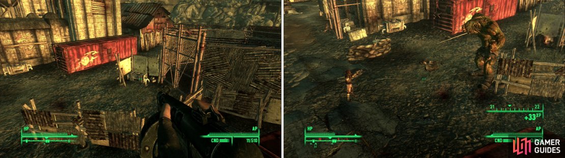 Shoot the generator near the Super Mutant Behemoth&rsquo;s enclosure (left) and watch the resulting carnage (right)! (But seriously, don&rsquo;t.)