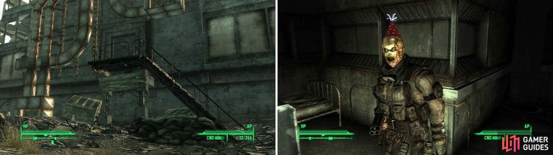 The Talon Company camp near Megaton can be difficult to find, if you don&rsquo;t know where to look (left). Don&rsquo;t let the Party Hat fool you, Gallo is not a friendly Ghouls (right).