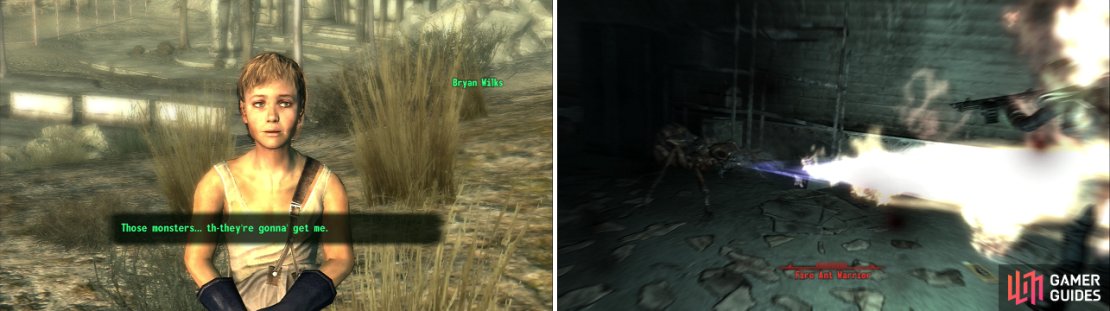 Bryan Wilks claims &ldquo;monsters&rdquo; destroyed his home (left). That doesn&rsquo;t excuse him from being the most annoying NPC in the game. The pests infesting Grayditch are only too willing to show off why they&rsquo;re called &ldquo;Fire Ants&rdquo; (right).