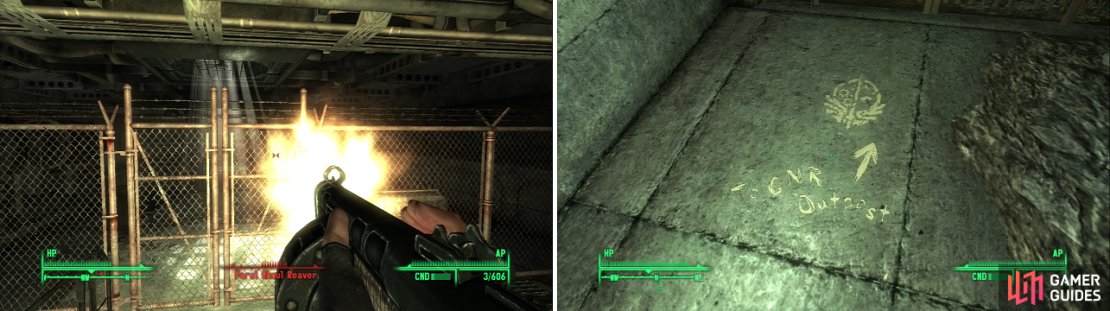 You can open locked doors, but Ghouls cannot. Use this to your advangage (left). Following the Brotherhood&rsquo;s markings will help you find your way to the GNR Outpost (right).
