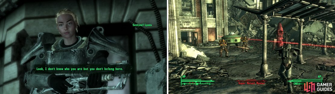 Sentinel Lyons leads the Brotherhood squad in this area (left). There&rsquo;s no shame in letting the Brotherhood do the fighting against the Super Mutants (right).