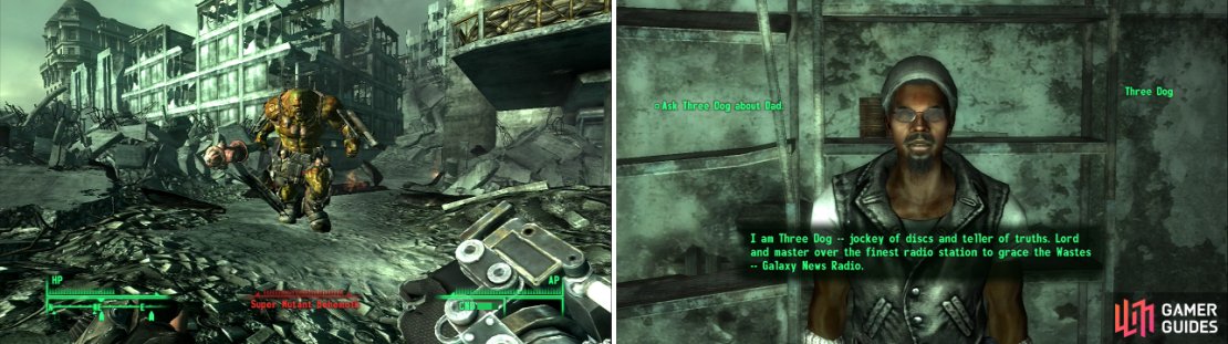 The Brotherhood of Steel might be strong, but they&rsquo;re no match for a Super Mutant Behemoth (left). Your reward for fighting your way through to GNR? A face-to-face meeting with Three Dog (right)&hellip; and maybe some answers.