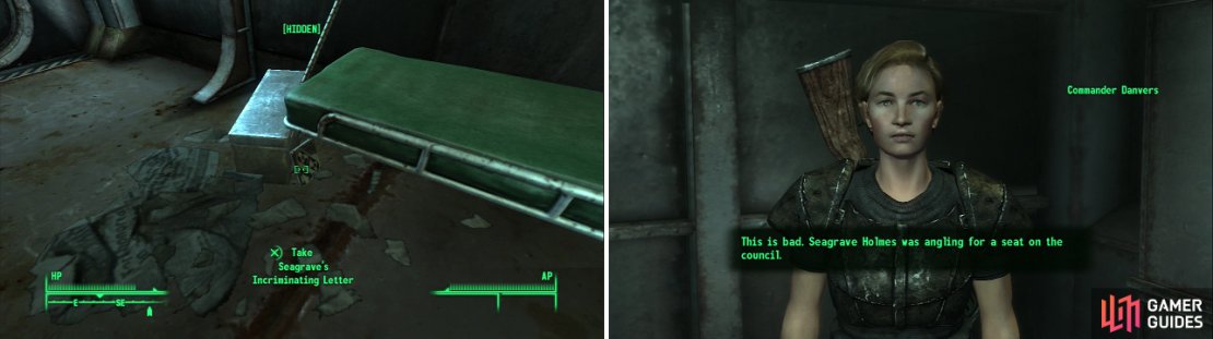 Seagrave Holmes doesn&rsquo;t hide his incriminating, career-ending evidence very well (left). Take the holotape to Danvers to satisfy Bannon, and score yourself a Schematic - Deathclaw Gauntlet (right).