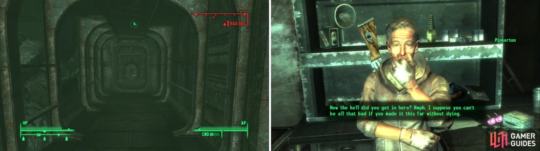 Without a Lockpick score of 100, you&rsquo;re going to need to swim to reach the Broken Bow (left). Pinkerton is a most lucrative NPC-he&rsquo;s got three skill books nearby, information that completes two quests, and will even perform some plastic surgery on you (right).