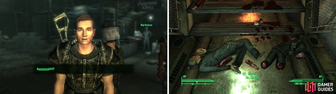 And the reward for the most melodramatic acting (and best photo-bomb) in the game goes to&hellip; (left). Planting a live Frag Grenade in Dr. Zimmer&rsquo;s pants is a fun way to end this quest, and earn a trophy/achievement at the same time (right).