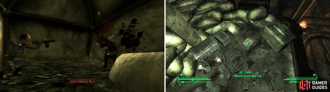 Sneak attacks with Combat Shotguns are the best way to deal with just about everything, including Talon Company Mercs with Missile Launchers (left). Drop down onto a metal shelter to obtain this copy of Nikola Tesla and You (right).