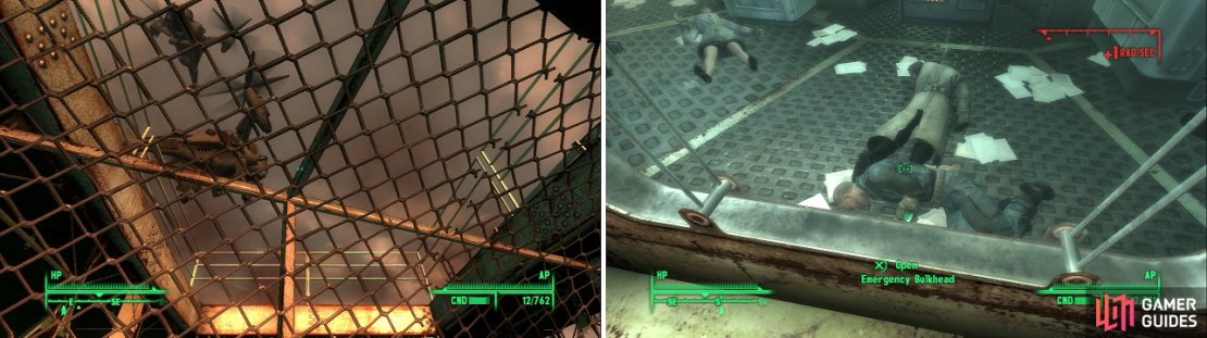 The Enclave&rsquo;s arrival interrupts your work at a most inopportune time (left). Dad sacrifices his life rather than let his research be perverted by the Enclave (right)