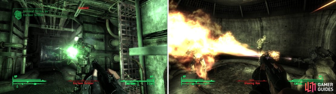 Although they have superior technology, the Enclave can be defeated with conventional weapons (left). Survive the Ghoul assault and escape the Taft Tunnel (right).