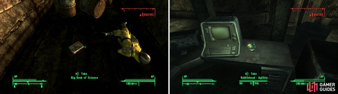 This radiation suit didn&rsquo;t save its wearer, but catching some Rads is worth it for a Big Book of Science (left). In the Office you&rsquo;ll find the Bobblehead - Agility (right).