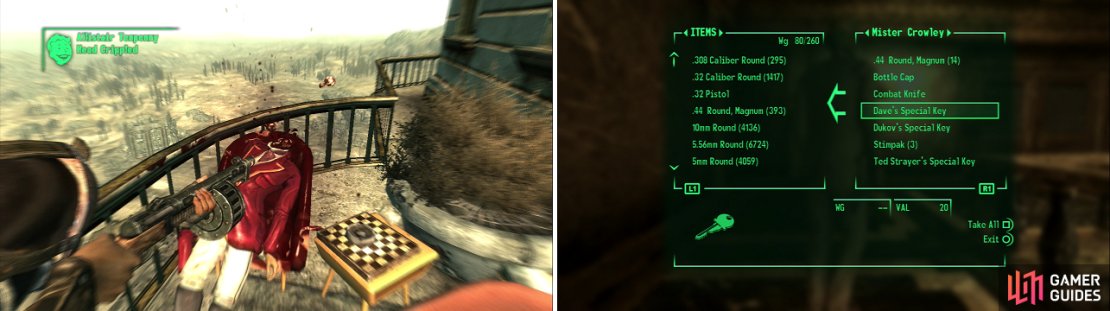 Tenpenny is the only person on Crowley&rsquo;s list that he actually wanted you to kill for the sake of killing, and killing Tenpenny is simpler than dealing with him (left). Be sure to steal the keys back from Mister Crowley after you give them to him, or else you&rsquo;re not getting into Fort Constantine (right)