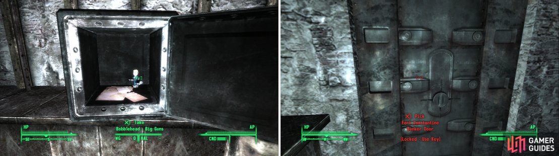 Grab the Bobblehead - Big Guns from inside an already unlocked safe (left). If you obtained all the keys Mister Crowley wanted, you&rsquo;ll be able to access the bunker (right).