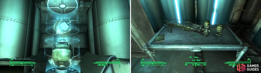 The T-51b Power Armor is the most valuable prize you&rsquo;ll find in Fort Constantine&hellip; well, worth stealing a few keys for (left). A Fat Man, some Mini-Nukes, and a D.C. Journal of Internal Medicine aren&rsquo;t a bad score, either (right).