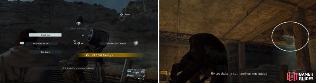 Interrogating enemies (left) is crucial to completing missions in an easy manner. Once you&rsquo;ve found the engineer, extract him through the hole in the roof (right).