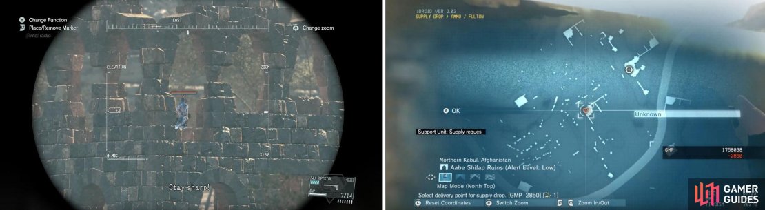 Locate Quiet using your sniper rifle or scope (left). Use the map to request a supply drop at Quiet&rsquo;s location (right).