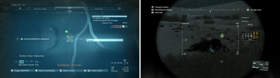 The location of the CIA agent on the map (left), where you&rsquo;ll find him laying in the sand (right).