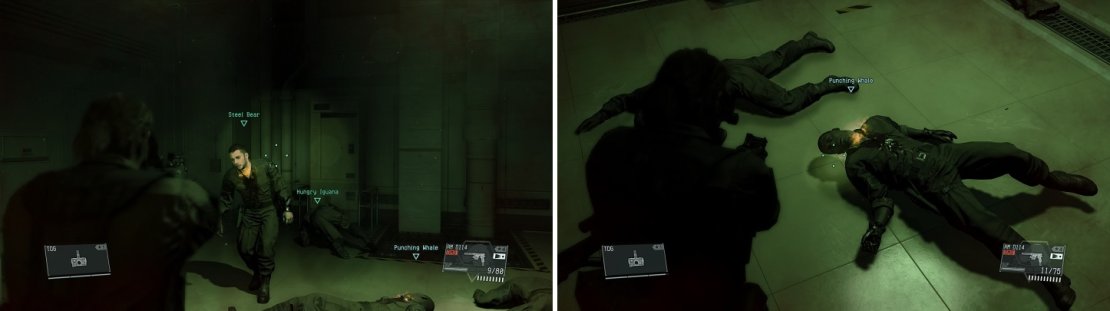 Equip your new goggles (left) and look for the glow in the people&rsquo;s throats (right) to know if they&rsquo;re infected or not.