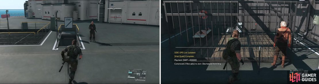 Take the stairs down to the cells (left) and then listen to Ocelot&rsquo;s conversation about Quiet (right). Afterwards, she will be unlocked as a Buddy.