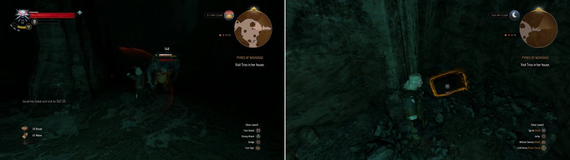 Defeat the Nekkers and the Rock Troll (left) then claim the treasures hidden in their cave (right).