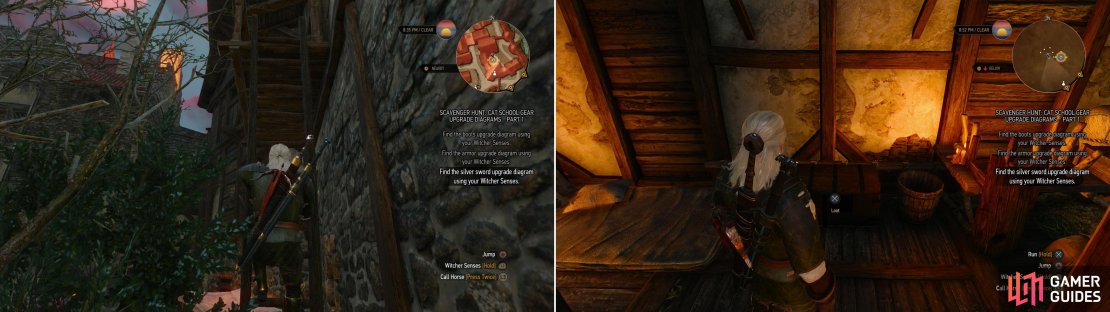 Find a ladder behind some bushes (left) then climb into a building to find a chest, wherein you&rsquo;ll find the Diagram: Feline Silver Sword (right).