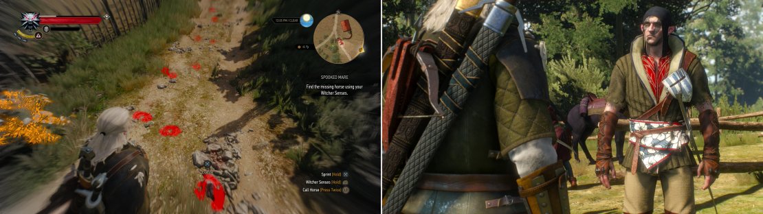 Activate your Witcher Senses and follow the stolen horse&rsquo;s hoof prints (left. They&rsquo;ll lead you to the culprits, who, while not human, aren&rsquo;t quite worthy of the title &ldquo;woodland spooks&rdquo; (right).